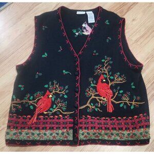 White Stag Black Sweater Vest Christmas Cardinal Bird Theme Size 18W/20W Holiday